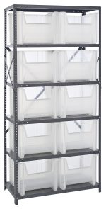 The Quantum Shelving Unit, measuring 18D x 36L x 75H, features six shelves with a load capacity of 400 lbs each. The unit includes ten QGH800 clear bins and is made of galvanized steel, complete with uprights and crossbars for enhanced stability.
