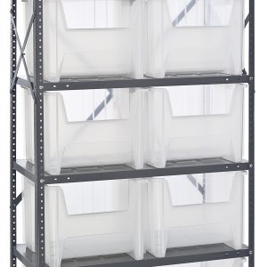 The Quantum Shelving Unit, measuring 18D x 36L x 75H, features six shelves with a load capacity of 400 lbs each. The unit includes ten QGH800 clear bins and is made of galvanized steel, complete with uprights and crossbars for enhanced stability.