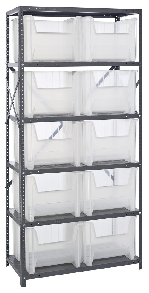 The Quantum Shelving Unit, measuring 18D x 36L x 75H, features six shelves with a load capacity of 400 lbs each. The unit includes ten QGH800 clear bins and is made of galvanized steel, complete with uprights and crossbars for enhanced stability.