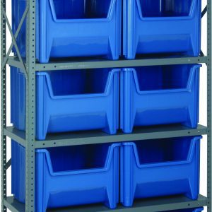The Quantum Shelving Unit, measuring 18D x 36L x 75H, features six heavy-duty galvanized steel shelves with uprights and cross bars. Each shelf supports a 400 lb. load capacity and includes ten QGH800 large blue bins for effective organization and storage.