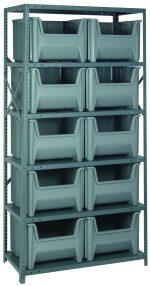 The Quantum Shelving Unit, measuring 18D x 36L x 75H, includes 6 shelves and 10 open-front QGH800 gray bins. With a load capacity of 400 lbs per shelf, this galvanized steel unit is ideal for industrial or warehouse storage needs.