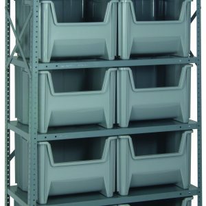 The Quantum Shelving Unit, measuring 18D x 36L x 75H, includes 6 shelves and 10 open-front QGH800 gray bins. With a load capacity of 400 lbs per shelf, this galvanized steel unit is ideal for industrial or warehouse storage needs.