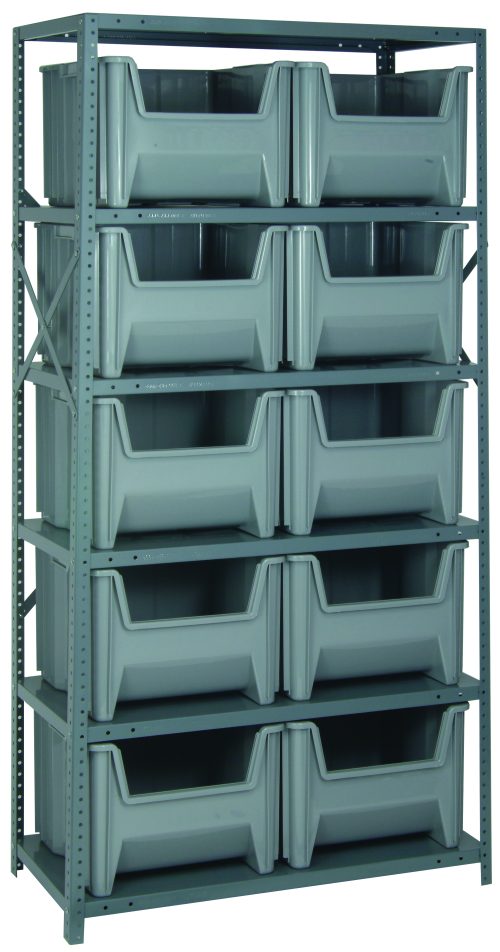 The Quantum Shelving Unit, measuring 18D x 36L x 75H, includes 6 shelves and 10 open-front QGH800 gray bins. With a load capacity of 400 lbs per shelf, this galvanized steel unit is ideal for industrial or warehouse storage needs.