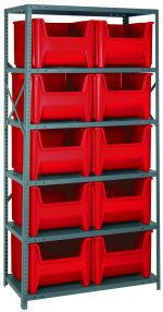 The Quantum Shelving Unit, measuring 18D x 36L x 75H, features six sturdy shelves and ten QGH800 red bins in two columns of five. Supported by uprights and cross bars with a galvanized steel finish, it offers a heavy-duty load capacity of 400 lb. per shelf.