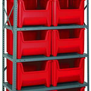 The Quantum Shelving Unit, measuring 18D x 36L x 75H, features six sturdy shelves and ten QGH800 red bins in two columns of five. Supported by uprights and cross bars with a galvanized steel finish, it offers a heavy-duty load capacity of 400 lb. per shelf.