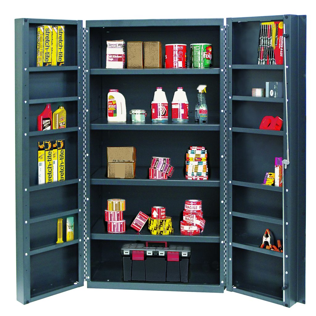Gray bin cabinet with doors open showing four adjustable interior shelves and twelve door shelves