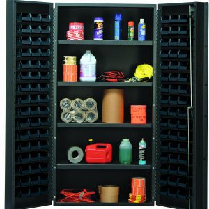 The Quantum Heavy-Duty 36 Bin Cabinet features a robust 14-gauge all-welded construction with dimensions of 36W x 24D x 72H and an interior shelf capacity of 800 lbs. When open, it reveals organized items like bottles and tape on the shelves, plus (32) QUS232 black bins on the compartmentalized door interiors.