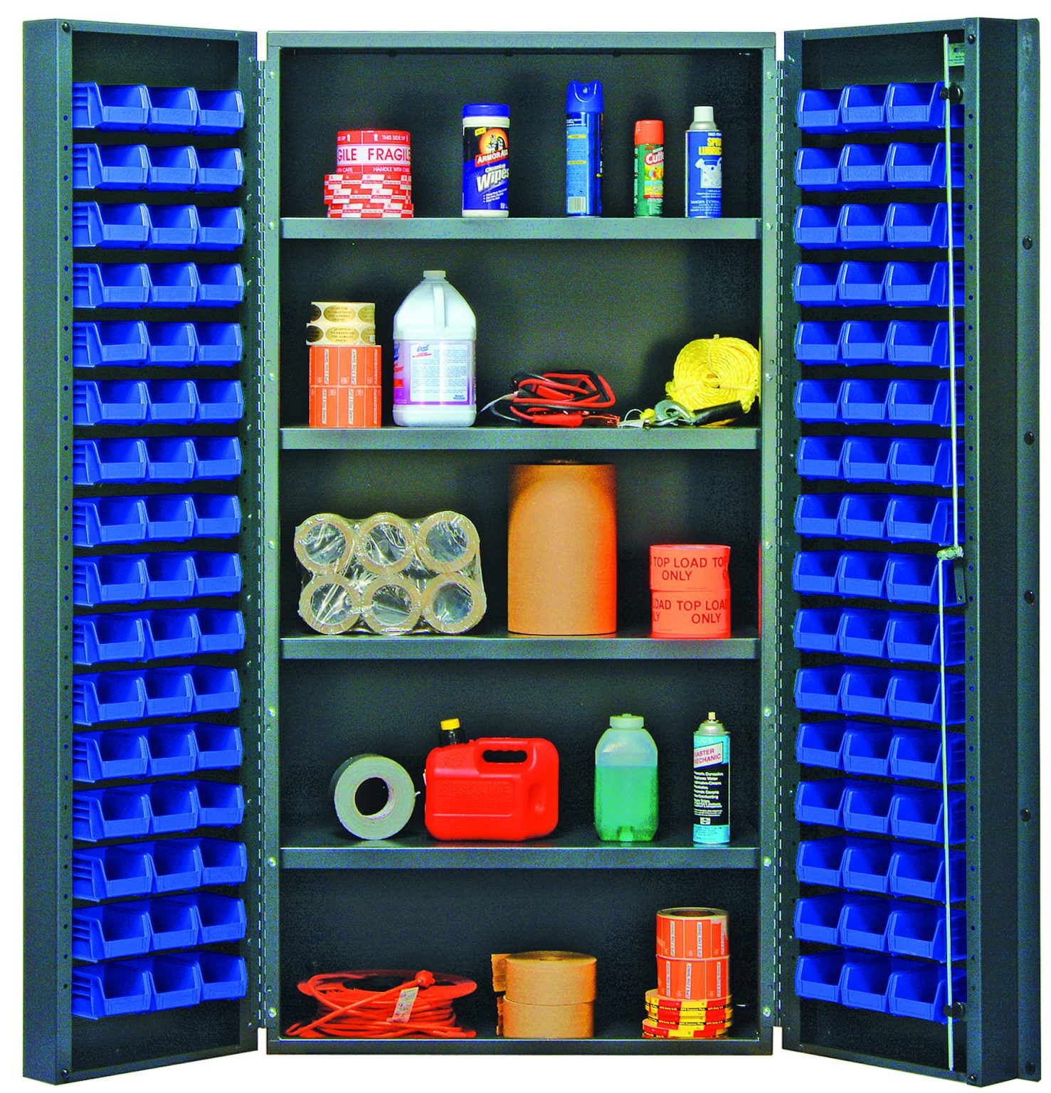 Gray 36 inch deep door bin cabinet with doors open showing ninety-six blue bins and four shelves