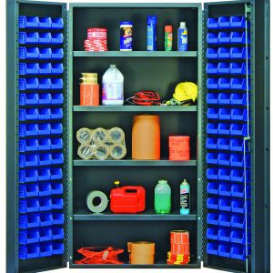 The Quantum Heavy-Duty 36 Bin Cabinet, measuring 36W x 24D x 72H, features a gray powder-coated finish and is equipped with 32 blue Qus232 bins. Its perfectly organized, fully stocked with cleaning supplies, assorted items, and supports an 800 lb capacity per interior shelf.