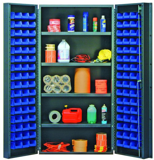 QSC-36-96-4IS_BL.jpg The Quantum Heavy-Duty 36 Bin Cabinet, measuring 36W x 24D x 72H, features a gray powder-coated finish and is equipped with 32 blue Qus232 bins. Its perfectly organized, fully stocked with cleaning supplies, assorted items, and supports an 800 lb capacity per interior shelf.