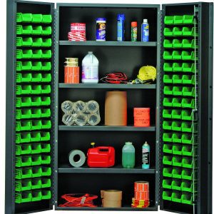 The Quantum Heavy-Duty 36 Bin Cabinet, measuring 36W x 24D x 72H, features an 800 lb. capacity per interior shelf and includes open doors with rows of small green bins for organizing tools like cans, bottles, tape rolls, a red container, and cords neatly inside.