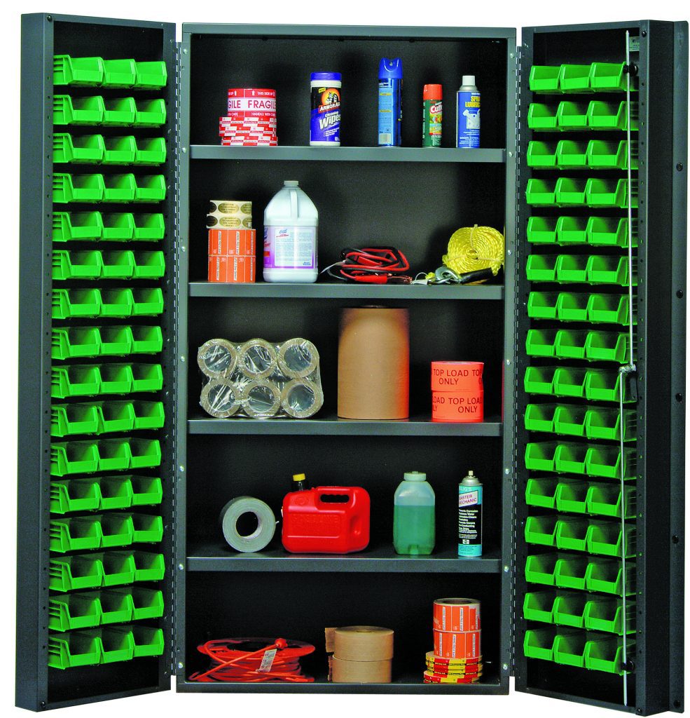 All-welded steel bin cabinet with green bins mounted on both doors and supplies on adjustable interior shelves