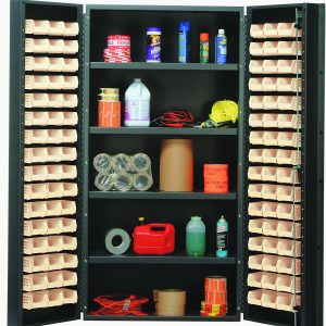 The Quantum Heavy-Duty 36 Bin Cabinet, with robust 14 gauge all-welded construction and a gray powder-coated finish, houses items like cans, spray bottles, and more on its door shelves with small empty bins. Inside are cleaning supplies, tape rolls, containers, rope, and a red gas can.