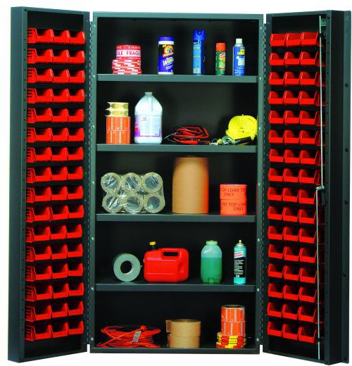 QSC-36-96-4IS_RD.jpg The Quantum Heavy-Duty 36 Bin Cabinet, measuring 36W x 24D x 72H, features a gray powder-coated finish and includes (32) Qus232 red bins. It houses shelves stocked with spray cans, bottles, twine, tape rolls, and an orange canister, each interior shelf supporting up to 800 lbs.