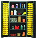 The Quantum 36 Bin Cabinet features a durable 36W x 24D x 72H frame with an 800 lb. capacity per shelf, perfect for storing cleaning supplies, tape rolls, and spray cans. It includes (32) Qus232 yellow bins for organized storage in its robust, gray powder-coated construction.