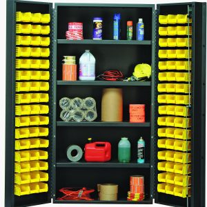 The Quantum 36 Bin Cabinet features a durable 36W x 24D x 72H frame with an 800 lb. capacity per shelf, perfect for storing cleaning supplies, tape rolls, and spray cans. It includes (32) Qus232 yellow bins for organized storage in its robust, gray powder-coated construction.