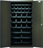 A large gray powder-coated Quantum Heavy-Duty metal cabinet (36W x 18D x 72H) reveals open doors with a neat grid of black bins: (18) QUS230, (12) QUS240, and (6) QUS250.
