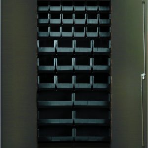 A large gray powder-coated Quantum Heavy-Duty metal cabinet (36W x 18D x 72H) reveals open doors with a neat grid of black bins: (18) QUS230, (12) QUS240, and (6) QUS250.