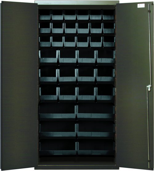 QSC-36-FD_BK.jpg A large gray powder-coated Quantum Heavy-Duty metal cabinet (36W x 18D x 72H) reveals open doors with a neat grid of black bins: (18) QUS230, (12) QUS240, and (6) QUS250.