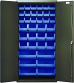 A sleek Quantum Heavy-Duty 36 Bin Cabinet with a gray powder-coated finish, featuring sturdy 14-gauge all-welded construction, has black doors opening to reveal a grid of (18) QUS230, (12) QUS240, and (6) QUS250 blue bins for organizing small items; it measures 36W x 18D x 72H.