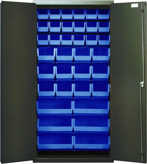 QSC-36-FD_BL.jpg A sleek Quantum Heavy-Duty 36 Bin Cabinet with a gray powder-coated finish, featuring sturdy 14-gauge all-welded construction, has black doors opening to reveal a grid of (18) QUS230, (12) QUS240, and (6) QUS250 blue bins for organizing small items; it measures 36W x 18D x 72H.