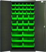 The Quantum Heavy-Duty 36 Bin Cabinet features a gray powder-coated frame with open doors displaying vibrant green bins—18 QUS230, 12 QUS240, and 6 QUS250 models. Its practical all-welded construction includes a lock securing the setup on the right door.