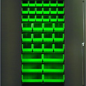 The Quantum Heavy-Duty 36 Bin Cabinet features a gray powder-coated frame with open doors displaying vibrant green bins—18 QUS230, 12 QUS240, and 6 QUS250 models. Its practical all-welded construction includes a lock securing the setup on the right door.