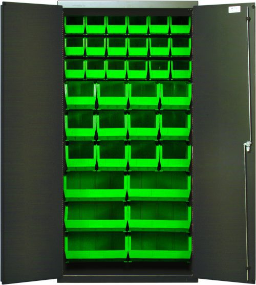 The Quantum Heavy-Duty 36 Bin Cabinet features a gray powder-coated frame with open doors displaying vibrant green bins—18 QUS230, 12 QUS240, and 6 QUS250 models. Its practical all-welded construction includes a lock securing the setup on the right door.