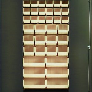 The Quantum Heavy-Duty 36 Bin Cabinet features a durable 14-gauge all-welded construction and gray powder-coated finish. It includes (18) QUS230, (12) QUS240, and (6) QUS250 ivory bins in a cabinet measuring 36W x 18D x 72H.