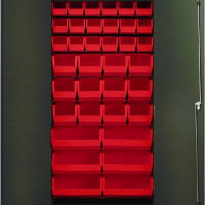 The Quantum Heavy-Duty 36 Bin Cabinet boasts a rugged all-welded 14-gauge construction and opens to reveal meticulously arranged red bins: 18 QUS230, 12 QUS240, and 6 QUS250, all in five vertical rows. Dimensions: 36W x 18D x 72H.