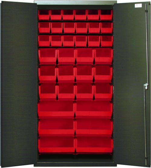 QSC-36-FD_RD.jpg The Quantum Heavy-Duty 36 Bin Cabinet boasts a rugged all-welded 14-gauge construction and opens to reveal meticulously arranged red bins: 18 QUS230, 12 QUS240, and 6 QUS250, all in five vertical rows. Dimensions: 36W x 18D x 72H.