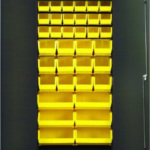 The Quantum Heavy-Duty 36 Bin Cabinet, sized 36W x 18D x 72H, showcases an array of yellow bins when opened. Inside are (18) QUS230, (12) QUS240, and (6) QUS250 bins neatly arranged. The cabinet is made of robust 14-gauge welded steel with a sleek gray powder-coated finish.