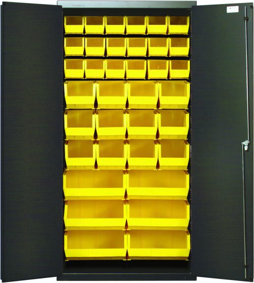 QSC-36-FD_YL.jpg The Quantum Heavy-Duty 36 Bin Cabinet, sized 36W x 18D x 72H, showcases an array of yellow bins when opened. Inside are (18) QUS230, (12) QUS240, and (6) QUS250 bins neatly arranged. The cabinet is made of robust 14-gauge welded steel with a sleek gray powder-coated finish.