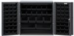 A Quantum Heavy-Duty Bin Cabinet, with two doors measuring 36W x 24D x 36H, features a durable 14-gauge all-welded construction and a gray powder-coated finish. It includes various black bins and is wall-mounted for effective organization.