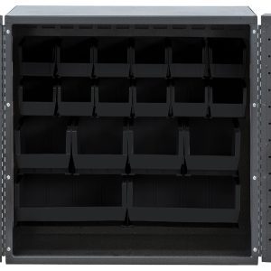 A Quantum Heavy-Duty Bin Cabinet, with two doors measuring 36W x 24D x 36H, features a durable 14-gauge all-welded construction and a gray powder-coated finish. It includes various black bins and is wall-mounted for effective organization.
