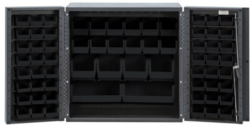 A Quantum Heavy-Duty Bin Cabinet, with two doors measuring 36W x 24D x 36H, features a durable 14-gauge all-welded construction and a gray powder-coated finish. It includes various black bins and is wall-mounted for effective organization.