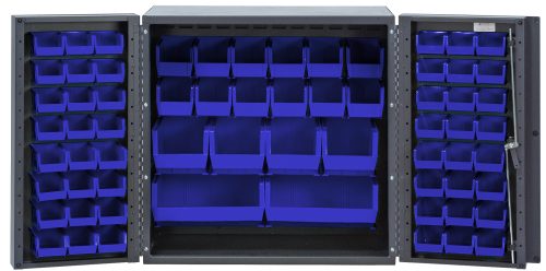 A gray Quantum Heavy-Duty 36 Bin Cabinet features a robust 14 gauge all welded construction and open doors. Inside, you find blue bins: (24) QUS210, (24) QUS220, (12) QUS230, (4) QUS240, and (2) QUS250, some nestled within the cabinet and others affixed to the inner door panels.