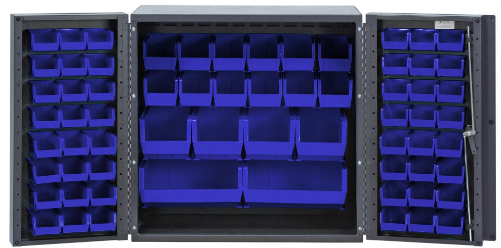 Counter-height gray bin cabinet with doors open showing rows of blue bins