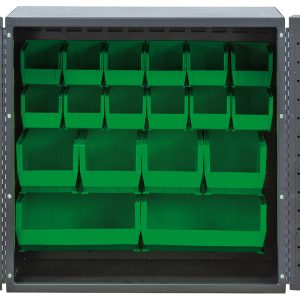 The Quantum Heavy-Duty 36 Bin Cabinet features two open doors with an arrangement of green plastic bins, including (24) QUS210, (24) QUS220, (12) QUS230, (4) QUS240, and (2) QUS250 bins. Perfect for efficient organization of small tools or items.