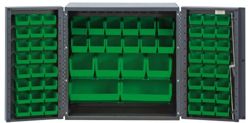 The Quantum Heavy-Duty 36 Bin Cabinet features two open doors with an arrangement of green plastic bins, including (24) QUS210, (24) QUS220, (12) QUS230, (4) QUS240, and (2) QUS250 bins. Perfect for efficient organization of small tools or items.