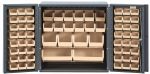 This Quantum Heavy-Duty 36 Bin Cabinet, made from 14-gauge all-welded construction, includes a variety of ivory bins: (24) QUS210, (24) QUS220, (12) QUS230, (4) QUS240, and (2) QUS250. It features organized compartments for efficient storage, all in a gray powder-coated finish.