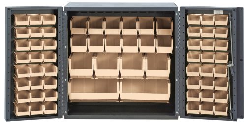 QSC-36-MIN_IV.jpg This Quantum Heavy-Duty 36 Bin Cabinet, made from 14-gauge all-welded construction, includes a variety of ivory bins: (24) QUS210, (24) QUS220, (12) QUS230, (4) QUS240, and (2) QUS250. It features organized compartments for efficient storage, all in a gray powder-coated finish.