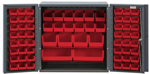 QSC-36-MIN_RD.jpg The Quantum Heavy-Duty 36 Bin Cabinet, measuring 36W x 24D x 36H, reveals open doors with rows of red bins for organization. This gray powder-coated cabinet includes (24) QUS210, (24) QUS220, (12) QUS230, (4) QUS240, and (2) QUS250 bins against a plain background.