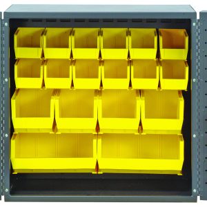 The Quantum Heavy-Duty 36 Bin Cabinet features a durable 14-gauge all-welded gray construction with doors that open to reveal an array of yellow bins, including QUS210 and QUS230, for organized storage of tools or small items.