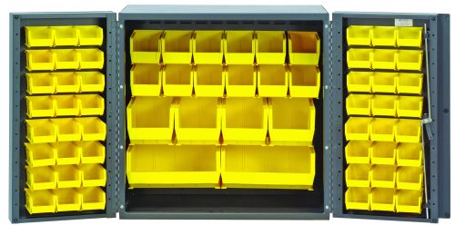 The Quantum Heavy-Duty 36 Bin Cabinet features a durable 14-gauge all-welded gray construction with doors that open to reveal an array of yellow bins, including QUS210 and QUS230, for organized storage of tools or small items.