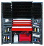 The Quantum Heavy-Duty 36 Bin Cabinet showcases open doors with organized black compartments and shelves, crafted from 14 gauge all welded construction. A central red drawer unit includes (1) 31W x 16D x 5H and (1) 31W x 16D x 6H drawers, surrounded by tools and a coiled red cord on shelves with bottles and boxes.