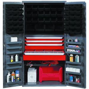 The Quantum Heavy-Duty 36 Bin Cabinet showcases open doors with organized black compartments and shelves, crafted from 14 gauge all welded construction. A central red drawer unit includes (1) 31W x 16D x 5H and (1) 31W x 16D x 6H drawers, surrounded by tools and a coiled red cord on shelves with bottles and boxes.