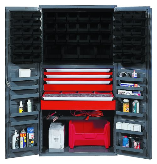 The Quantum Heavy-Duty 36 Bin Cabinet showcases open doors with organized black compartments and shelves, crafted from 14 gauge all welded construction. A central red drawer unit includes (1) 31W x 16D x 5H and (1) 31W x 16D x 6H drawers, surrounded by tools and a coiled red cord on shelves with bottles and boxes.