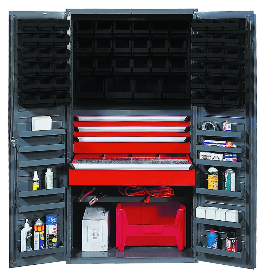 Heavy-Duty 36" Bin Cabinet, 36"W X 24"D X 72"H, 800 Lb. Capacity Per Interior Shelf And 60 Lb. Capacity Per Foor Shelf, 14 Gauge All Welded Construction, Includes: (1) 18" Adjustable And (12 Door Shelves; (2) 31"W X 16"D X 3"H, (1) 31"W X 16"D X 5"H And (1) 31"W X 16"D X 6"H Drawers; (36) QUS220, (18) QUS230 And (4) QUS240 Black Bins, Gray Powder-Coated Finish