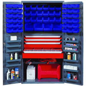 The Quantum Heavy-Duty 36 Bin Cabinet, with a size of 36W x 24D x 72H, features red drawers measuring up to 31W x 16D x 6H. It comes with adjustable and door shelves to organize tools and cans effectively, supported by an all-welded construction for durability.